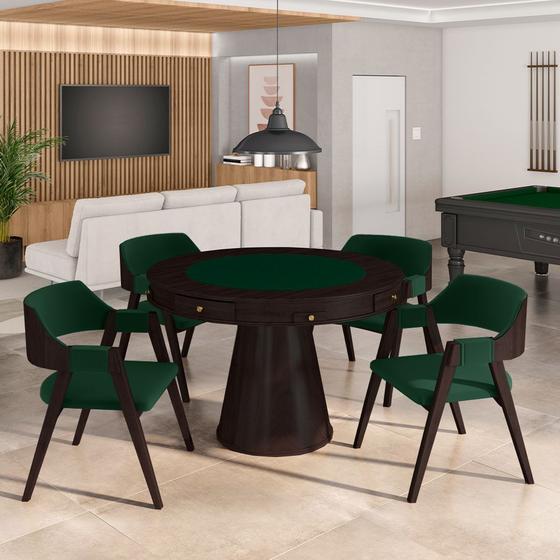 Imagem de Conjunto Mesa de Jogos Carteado Bellagio Tampo Reversível e 4 Cadeiras Madeira Poker Base Cone Veludo Verde/Tabaco G42 - Gran Belo