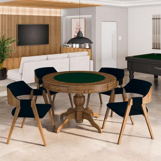 Imagem de Conjunto Mesa de Jogos Carteado Bellagio Tampo Reversível e 4 Cadeiras Madeira Poker Base Estrela Veludo Azul Marinho/Nogueira G42 - Gran Belo