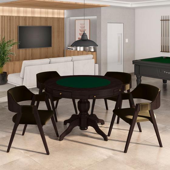 Imagem de Conjunto Mesa de Jogos Carteado Bellagio Tampo Reversível e 4 Cadeiras Madeira Poker Base Estrela Veludo Marrom/Tabaco G42 - Gran Belo
