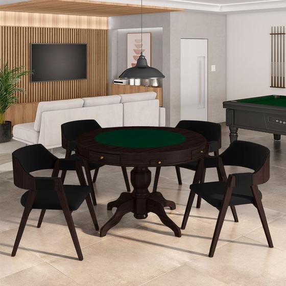 Imagem de Conjunto Mesa de Jogos Carteado Bellagio Tampo Reversível e 4 Cadeiras Madeira Poker Base Estrela Veludo Preto/Tabaco G42 - Gran Belo