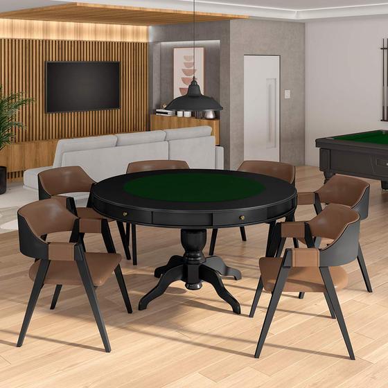 Imagem de Conjunto Mesa de Jogos Carteado Bellagio Tampo Reversível e 6 Cadeiras Madeira Poker PU Caramelo/Preto G42 - Gran Belo