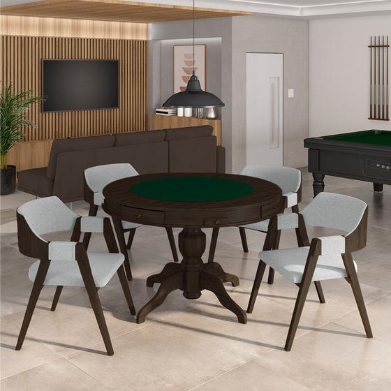 Imagem de Conjunto Mesa de Jogos Carteado Bellagio Tampo Reversível Verde e 4 Cadeiras Madeira Poker Base Estrela Linho Cinza/Capuccino G42 - Gran Belo