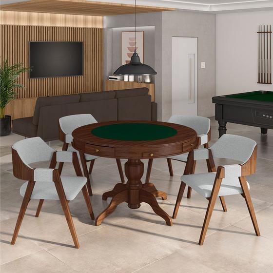 Imagem de Conjunto Mesa de Jogos Carteado Bellagio Tampo Reversível Verde e 4 Cadeiras Madeira Poker Base Estrela Linho Cinza/Imbuia G42 - Gran Belo