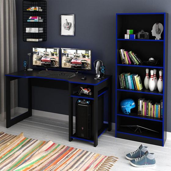 Imagem de Conjunto Mesa e Armário para Escritório Home Office Gamer Cool MDP Preto/Azul G69 - Gran Belo