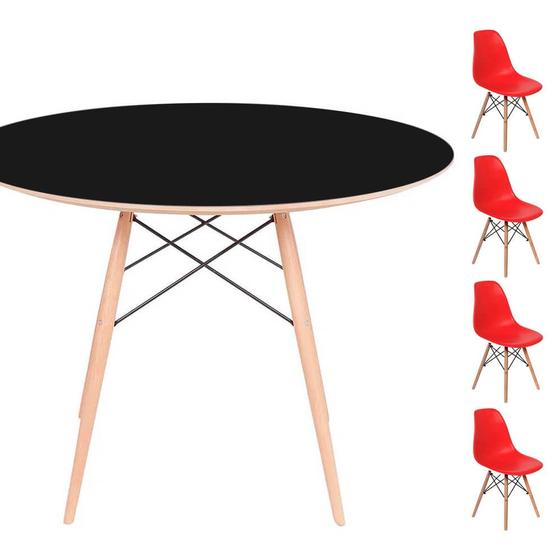 Imagem de Conjunto Mesa Eames Eiffel DSW Redonda Preta 120cm + 4 Cadeiras Eames DSW - Vermelha