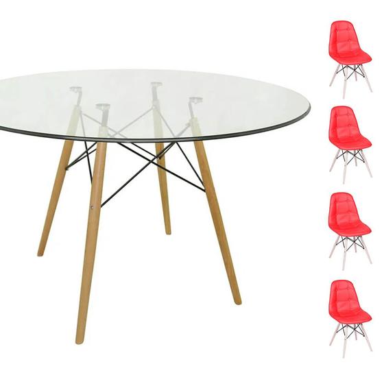 Imagem de Conjunto Mesa Eames Eiffel Redonda Vidro 90cm + 4 Cadeiras Eames DSW Botonê - Vermelha