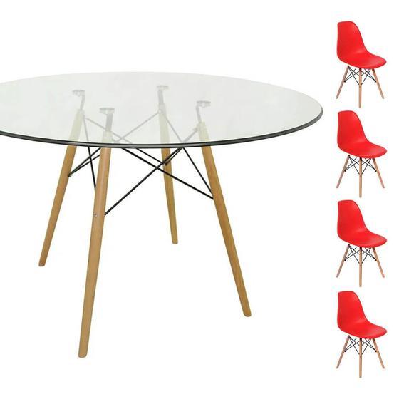 Imagem de Conjunto Mesa Eames Eiffel Redonda Vidro 90cm + 4 Cadeiras Eames DSW - Vermelha