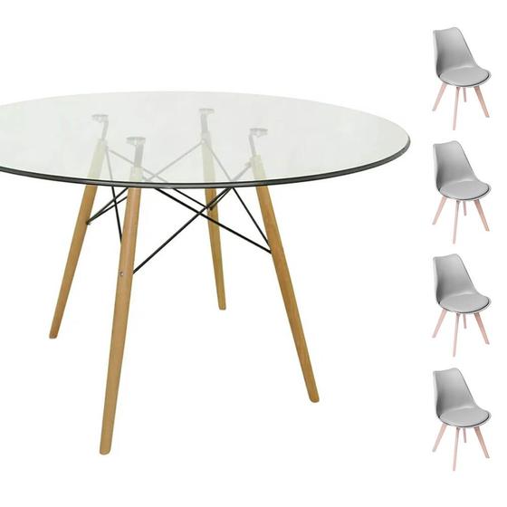 Imagem de Conjunto Mesa Eames Eiffel Redonda Vidro 90cm + 4 Cadeiras Saarinen Wood - Cinza