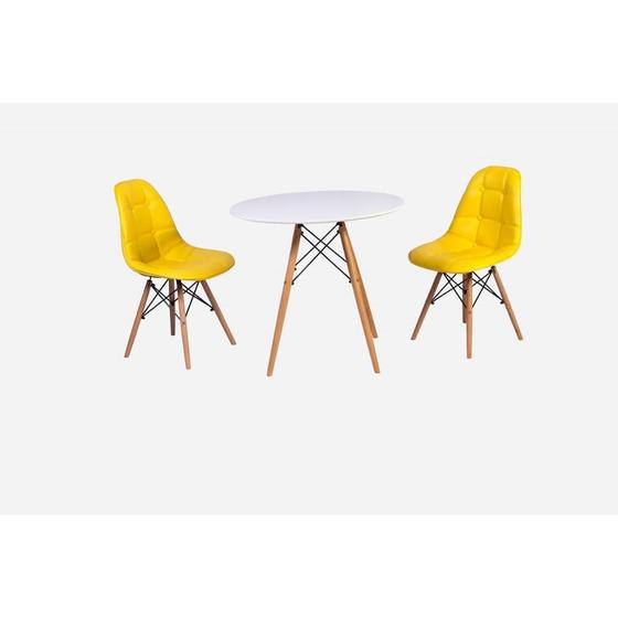 Imagem de Conjunto Mesa Eiffel Branca 120cm + 2 Cadeiras Dkr Charles Eames Wood Estofada Botonê - Amarela