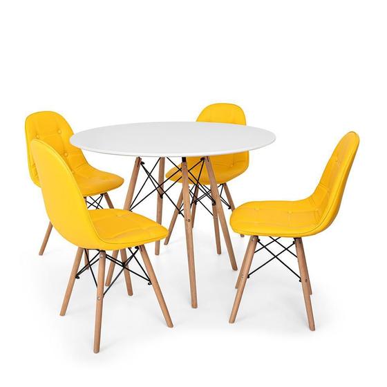 Imagem de Conjunto Mesa Eiffel Branca 90cm + 4 Cadeiras Dkr Charles Eames Wood Estofada Botonê Amarela