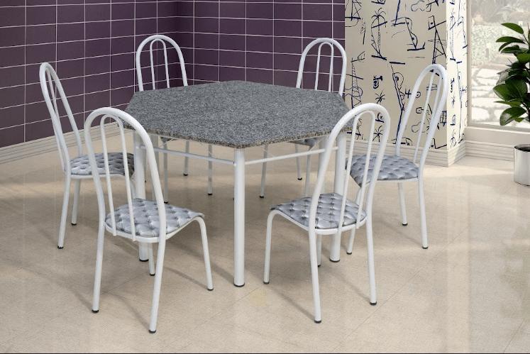 Imagem de Conjunto Mesa Granito 1,40x1,20cm Cromo Branco com 6 Cadeiras (056) Capitone LORENA - ARTEFAMOL 8582