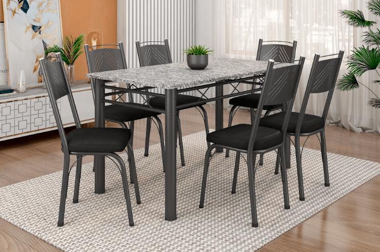 Conjunto Mesa Granito 1,50cm Cromo Preto com 6 Cadeiras (151) Escolha ...