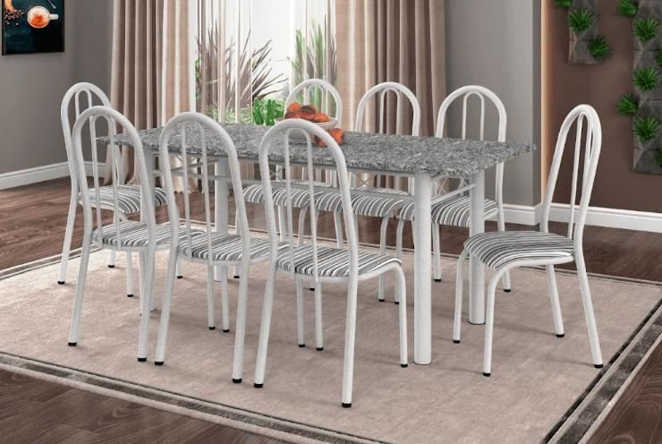 Imagem de Conjunto Mesa Granito 1,80cm Cromo Branco com 8 Cadeiras (056) Listrado DUMA - ARTEFAMOL 8596