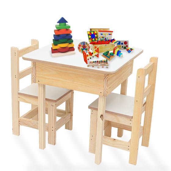 Imagem de Conjunto Mesa Infantil 57x57cm Madeira C/ 2 Cadeiras C/ Baú