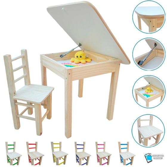 Imagem de Conjunto Mesa Infantil Madeira MDF Maciça Baú Com 1 Cadeira Premium 