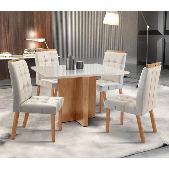 Imagem de Conjunto Mesa Isis 1100x800cm com 4 cadeiras Madeira Maciça e Estofada Sophia