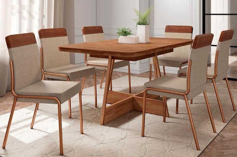 Imagem de Conjunto Mesa Jantar c/ 6 Cadeiras 1,60 Atria Nogueira/Rosê  - Duo Areia/material sintético Carraro