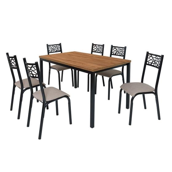 Imagem de Conjunto mesa jogo sala jantar ciplafe jade flex 6 cadeiras tubo preto fosco tampo madeira bp carvalho montreal 1,36m x 0,80m assento estofado