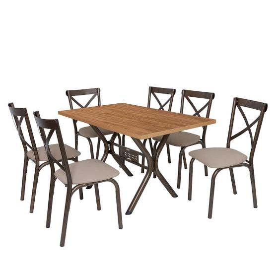 Imagem de Conjunto Mesa Jogo Sala Jantar Ciplafe Karina x 6 Cadeiras Tubo Branco Tampo Madeira bp Amendoa 1,36m Assento Estofado