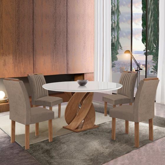 Imagem de Conjunto Mesa Luna 100cm com 4 Cadeiras Arizona Tampo Redondo Plus com Vidro Chocolate/Off White/Bege Escuro