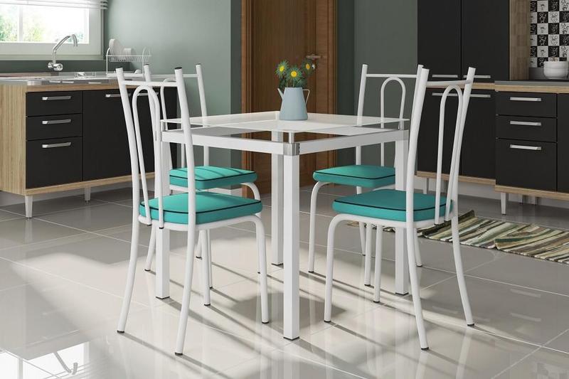 Imagem de Conjunto Mesa Malva 75 x 75 cm Branco Vidro Branco 4 Cadeiras 123 Azul Turquesa - Artefamol