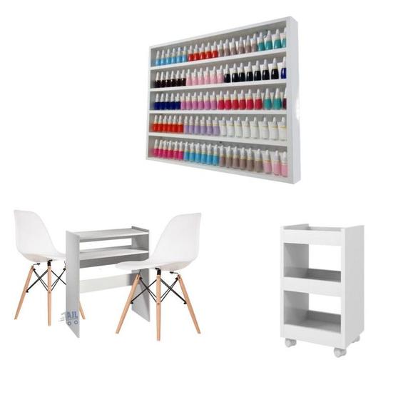 Imagem de Conjunto Mesa Manicure + Prateleira Porta Esmaltes + Carrinho Auxiliar + 2 Eames Cadeira Branca