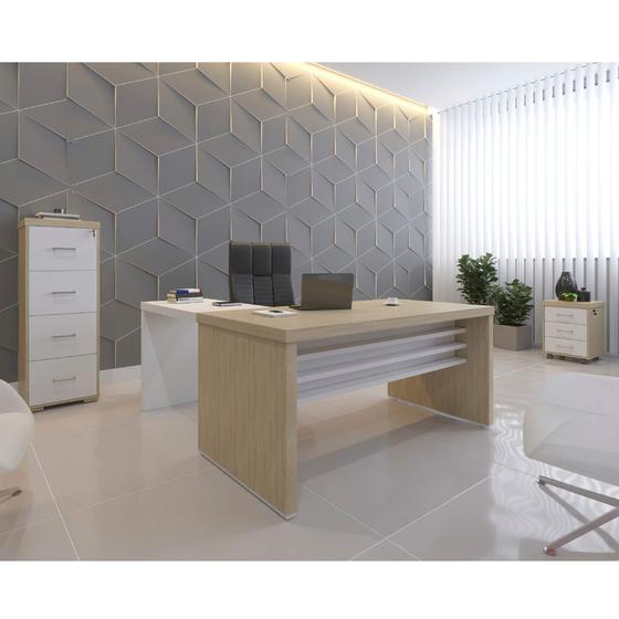 Imagem de Conjunto Mesa Para Escritorio Tamburato 1600 e Mesa De Apoio 890 e Gavateiro com 3 Gavetas e Arquivo com 4 Gavetas Tamburato Cor Carvalho com Branco