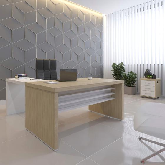Imagem de Conjunto Mesa Para Escritorio Tamburato 1600 e Mesa De Apoio 890 e Gaveteiro com 3 Gavetas Tamburato Cor Carvalho com Branco