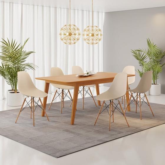 Conjunto Mesa Pés Madeira Maciça com 6 Cadeiras Eames PP Menor preço em Conjunto Mesa Pés Madeira Maciça com 6 Cadeiras Eames PP