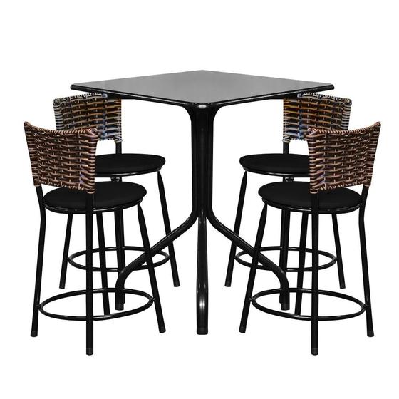 Imagem de Conjunto Mesa Quadrada 70cm Preta Com 4 Banquetas Junco Cappuccino