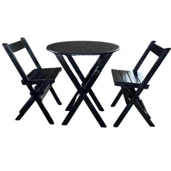 Imagem de Conjunto Mesa Redonda 70 cm Dobrável com 2 Cadeiras em Madeira Maciça - Preto