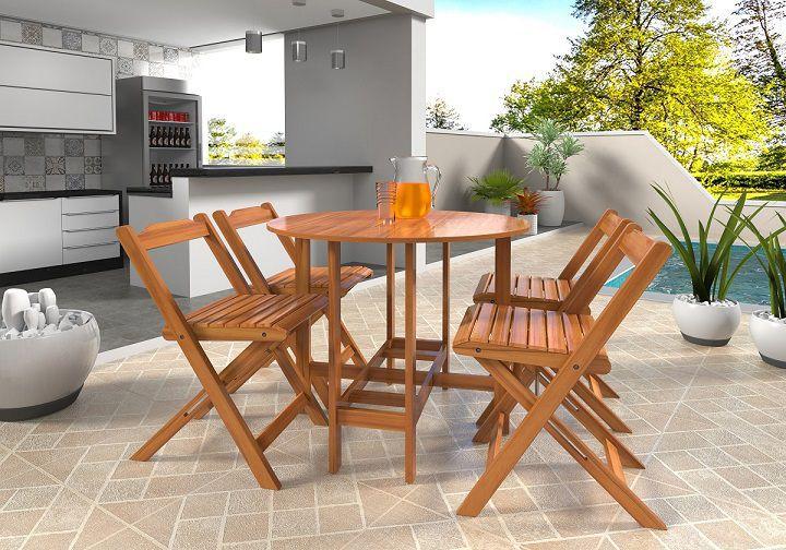 Conjunto mesa redonda dobrável prático com 4 cadeiras cor imbuia Menor preço em Conjunto mesa redonda dobrável prático com 4 cadeiras cor imbuia