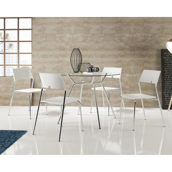 Imagem de Conjunto Mesa Redonda Tampo Vidro e 4 Cadeiras  Cromado/Branco