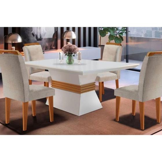 Imagem de Conjunto: Mesa Sala Jantar Ágata Tampo Madeirado Reto 120cm + 4 Cadeiras Athenas Imbuia/Veludo Creme - Rufato