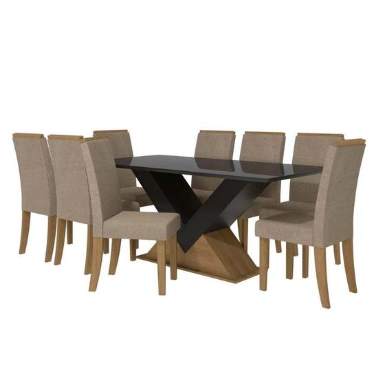 Imagem de Conjunto: Mesa Sala Jantar Amora Tampo Madeirado c/ Vidro 90x180cm e 8 Cadeiras 2CAD142 Freijo/Preto fosco/Vidro preto - Suede Bege - Kappesberg