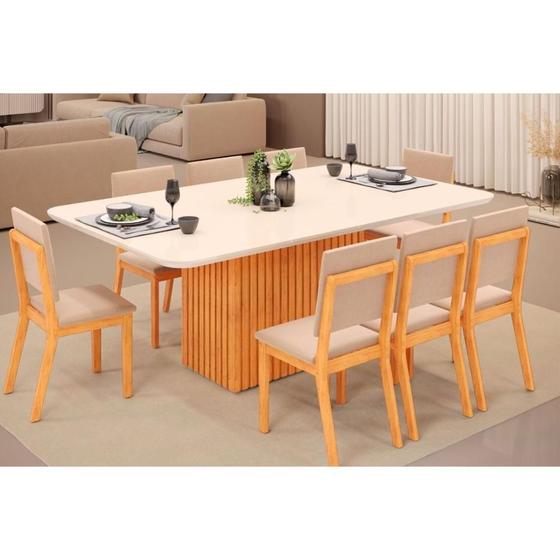 Imagem de Conjunto: Mesa Sala Jantar Canes Tampo Madeirado c/ Vidro Curvo 200x100cm e 8 Cadeiras Talia Cedro/Off White - Suede Creme - DJ Móveis