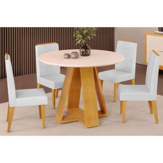 Imagem de Conjunto: Mesa Sala Jantar Celeste Tampo Madeirado c/ Vidro Redondo 103x103cm e 4 Cadeiras Lia Cedro/Off White - Linho Neve - DJ Móveis