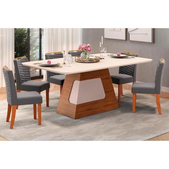 Imagem de Conjunto: Mesa Sala Jantar Dala Tampo Madeirado c/ Vidro Curvo 180x90cm e 6 Cadeiras Julia Off White - Freijo/Suede Lunar - DJ Móveis