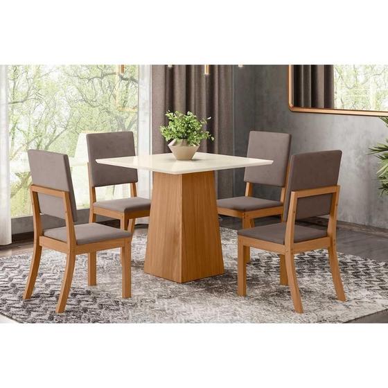 Imagem de Conjunto: Mesa Sala Jantar Dora Tampo Madeirado 90cm e 4 Cadeiras Milla Nature/Suede Light Marrom Amendoa - Henn