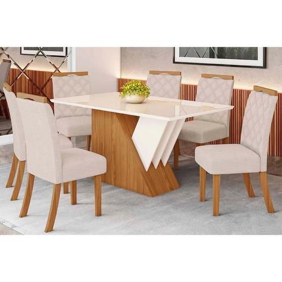 Imagem de Conjunto: Mesa Sala Jantar Epic Tampo Madeirado c/ Vidro 160x90cm e 6 Cadeiras Bella Nature/Linho - Henn