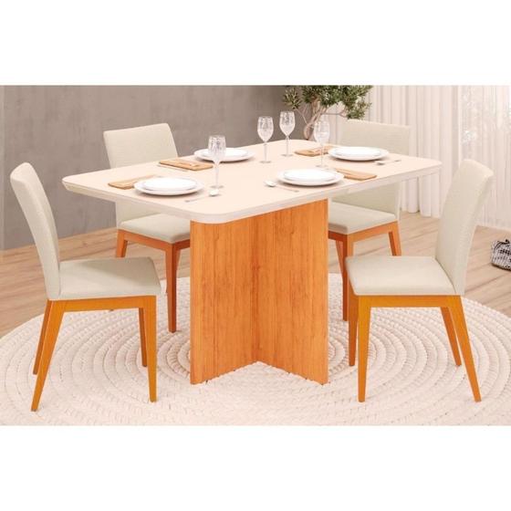 Imagem de Conjunto: Mesa Sala Jantar Hera Tampo Madeirado c/ Vidro 120x90cm e 4 Cadeiras Vitória Cedro/Off White - Ipe/Linho Neve - DJ Móveis