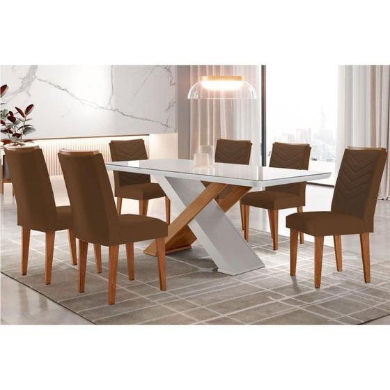 Imagem de Conjunto: Mesa Sala Jantar Imperatriz Tampo Madeirado c/ Vidro Canto Curvo 180x90 e 6 Cadeiras Londrina Imbuia/Off White - Suede Marrom - Rufato