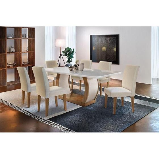 Imagem de Conjunto: Mesa Sala Jantar Jade Tampo Madeirado c/ Vidro 180cm Canto Curvo + 6 Cadeiras Grécia Imbuia/Creme - Rufato