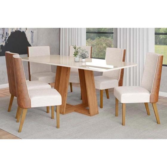 Imagem de Conjunto: Mesa Sala Jantar Lins c/ Tampo Madeirado c/ Vidro Curvo 200x90cm e 6 Cadeiras Anne Nature/Courano/Linho - Henn