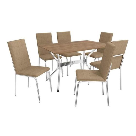 Imagem de Conjunto: Mesa Sala Jantar Loire c/ Tampo de Madeira 1.36cm e 6 Cadeiras Amsterdã Cromada/Nogueira - Courano Capuccino - Kappesberg