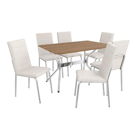 Imagem de Conjunto: Mesa Sala Jantar Loire c/ Tampo de Madeira 1.60 cm e 6 Cadeiras Amsterdã Cromada/Nogueira - Courano Branco - Kappesberg