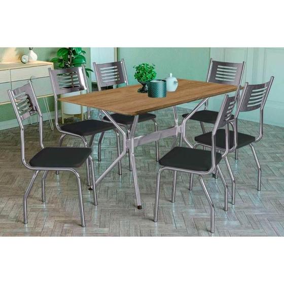 Imagem de Conjunto: Mesa Sala Jantar Loire c/ Tampo de Madeira 160cm e 6 Cadeiras Nápoles Cromada/Preto 110 - Kappesberg