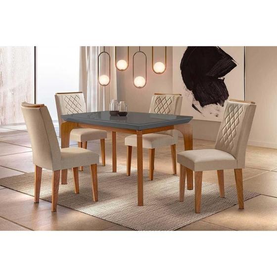 Imagem de Conjunto: Mesa Sala Jantar Londrina c/ Tampo Madeirado c/ Vidro Canto Curvo 120x80cm e 4 cadeiras Jade Imbuia/Grafite - Suede Creme - Rufato