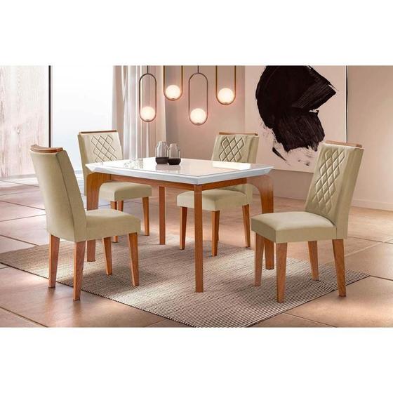 Imagem de Conjunto: Mesa Sala Jantar Londrina Tampo Madeirado c/ Vidro 120cm Canto Curvo + 4 Cadeiras Jade Imbuia/Linho Bege - Rufato