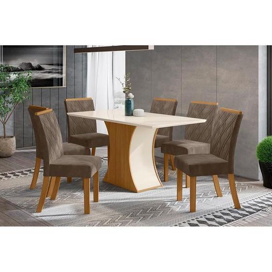 Imagem de Conjunto: Mesa Sala Jantar Luiza c/ Tampo Madeirado c/ Vidro Canto Reto 160cm + 6 Cadeiras Vita Nature/Veludo Light Bege Vanilla - Henn